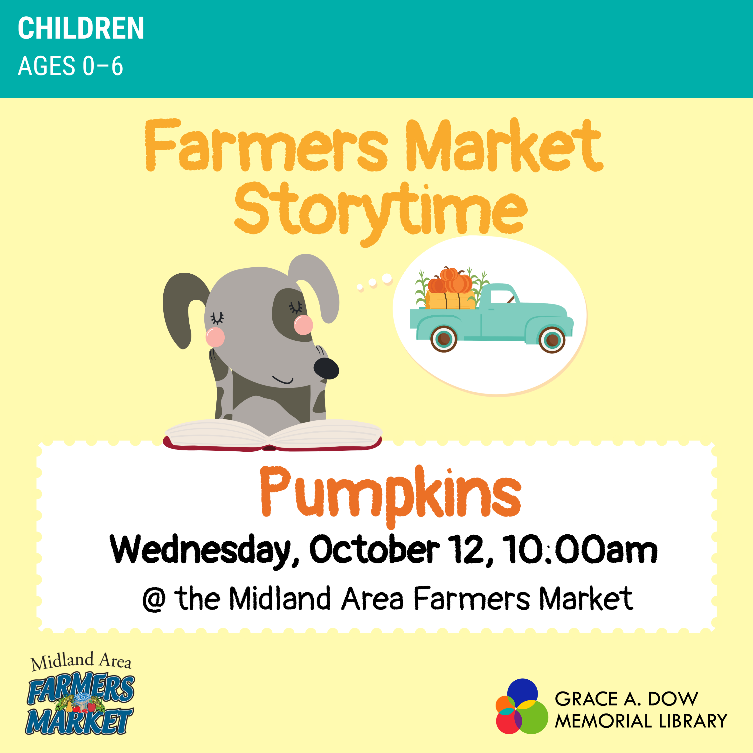 farmers market storytime at dow diamond, october 12 at 10am