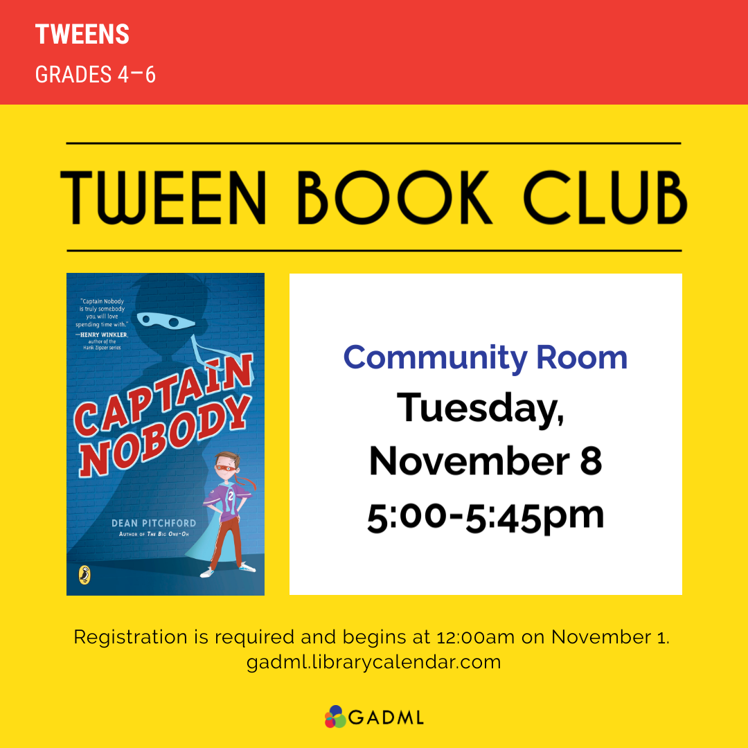 tween book club grades 4-6 november 8 at 5pm