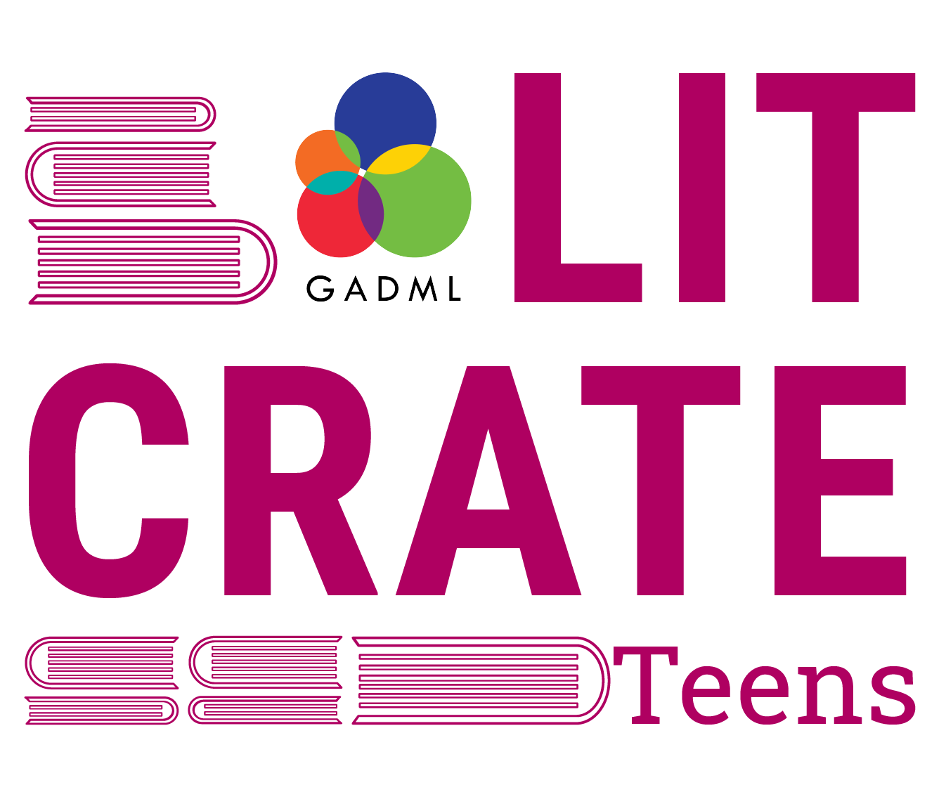 Lit Crate for Teens purple logo with book graphics and the logo of the Grace A. Dow Memorial Library