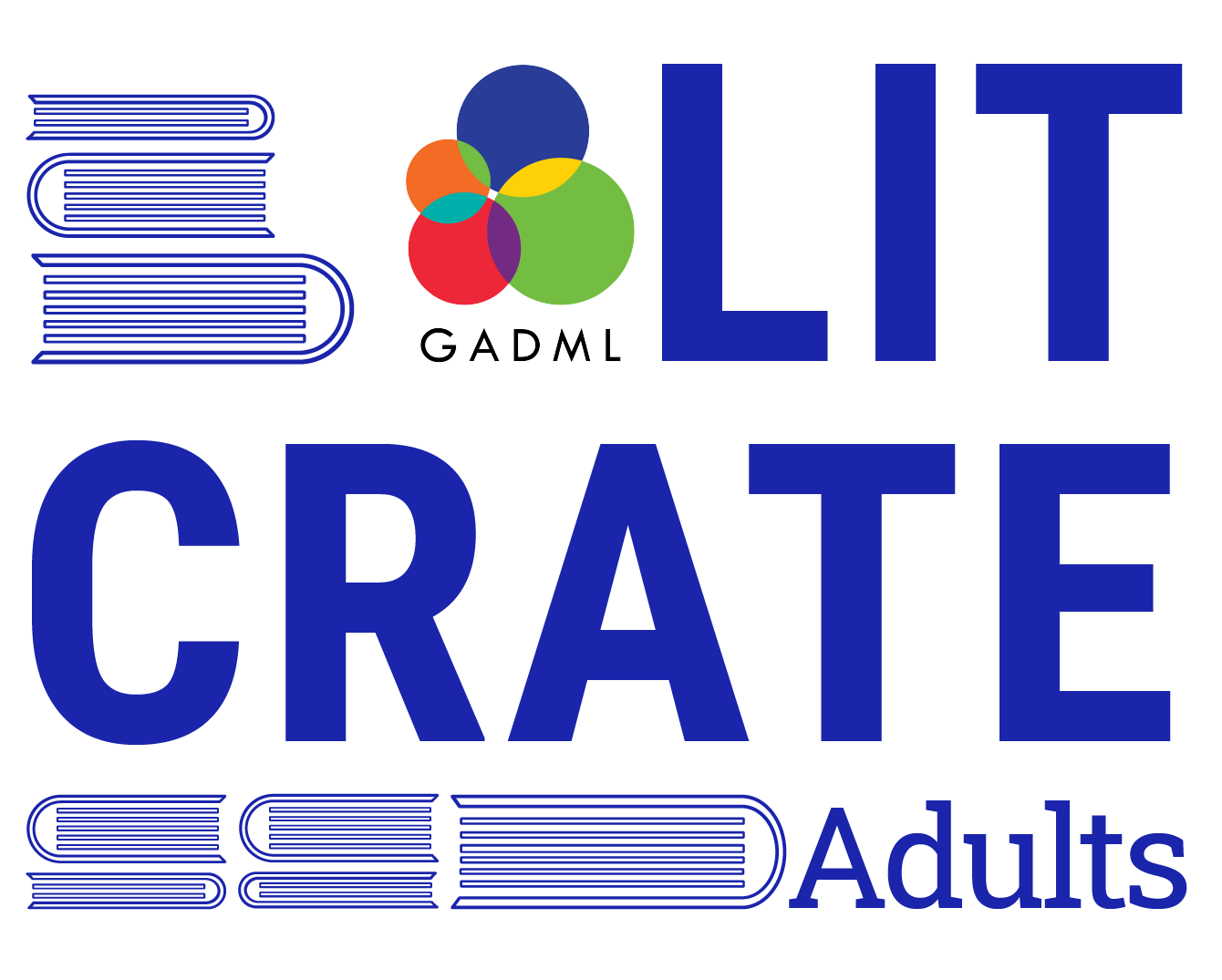 Adult Lit Crates logo in blue with GADML logo and line art of stacked books