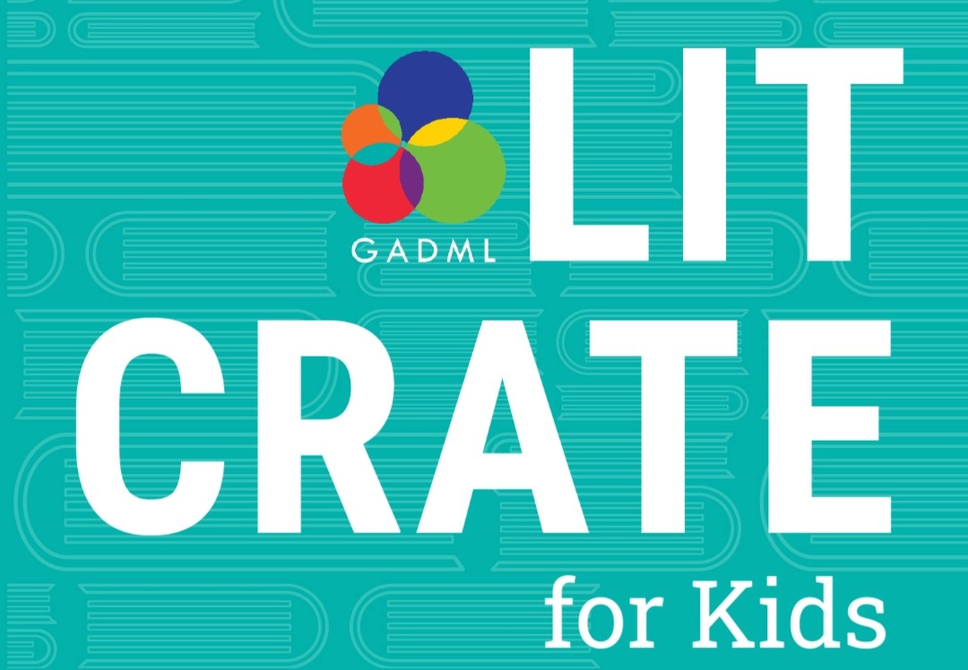 Text "Lit Crates for Kids" on an aqua background with the GADML logo and line art of stacked books