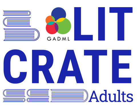 Lit Crate for Adults blue logo with book graphics and the logo of the Grace A. Dow Memorial Library