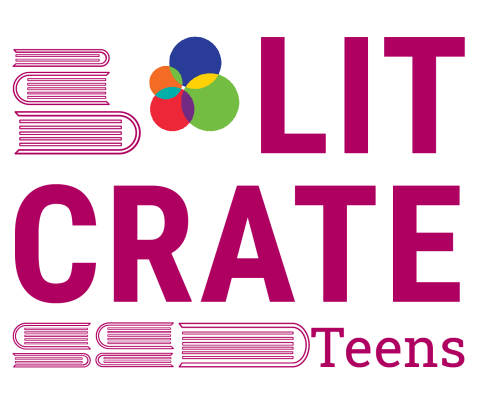Teen Lit Crates logo consisting of GADML logo and the words "Lit Crate Teens" in purple with book icons