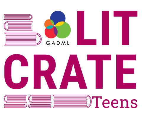 Teen Lit Crates logo consisting of GADML logo and the words "Lit Crate Teens" in purple with book icons