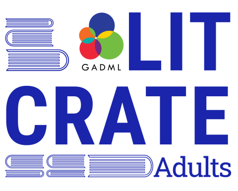 Adult Lit Crates logo in blue with GADML logo and line art of stacked books