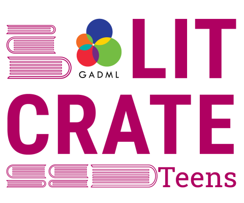 "Lit Crate Teens" in purple with GADML logo and line art of piles of books