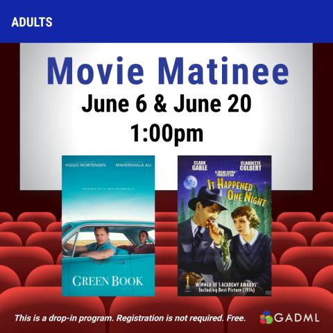 movie matinee series 1pm library auditorium june 6th green book and june 20th it happened one night