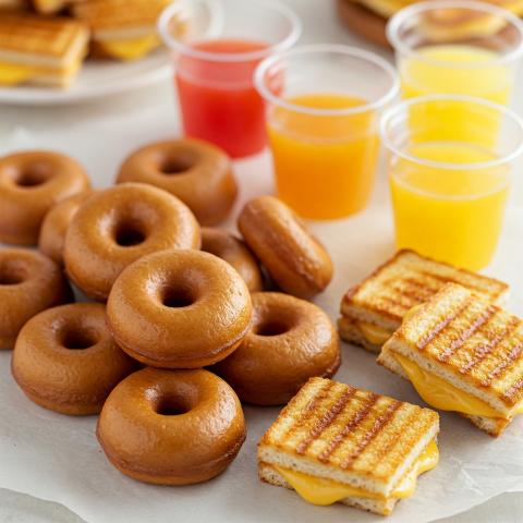 photo of tini donuts, grilled cheese and juice.