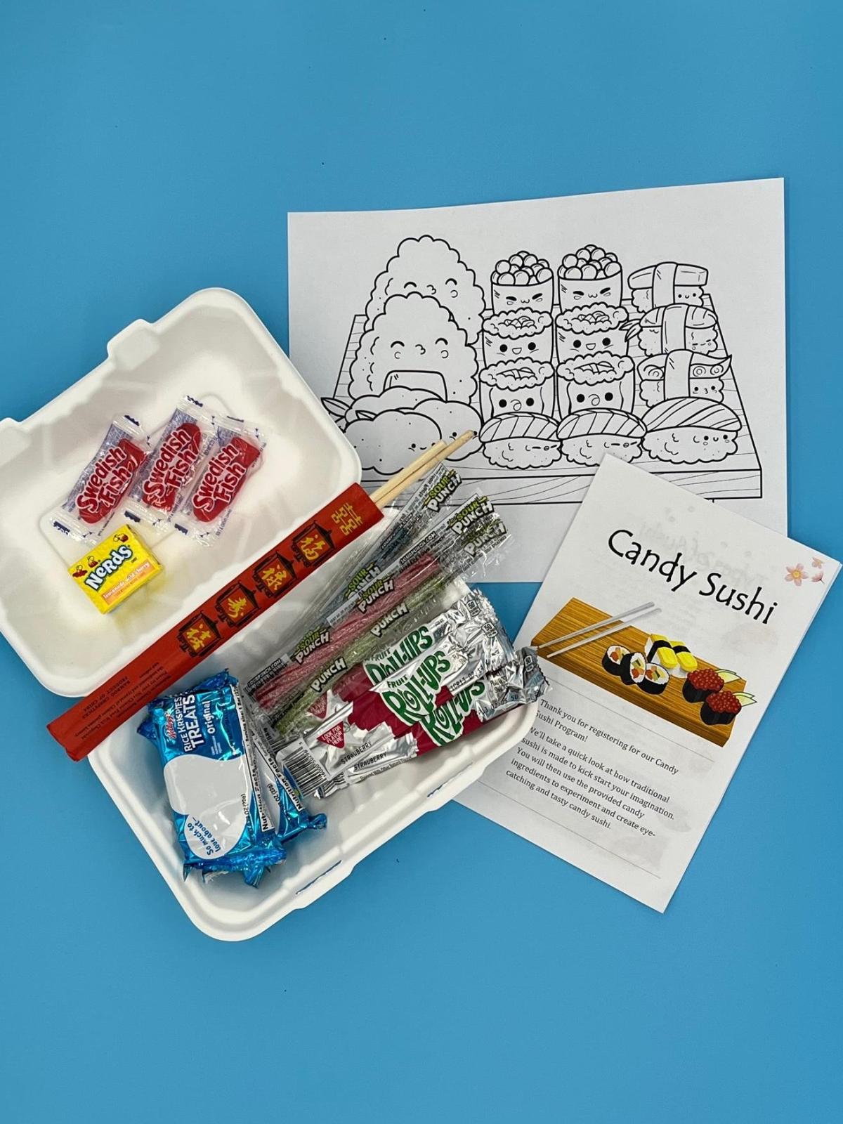 Image of Candy Sushi kit contents. Candy, flyers and coloring page