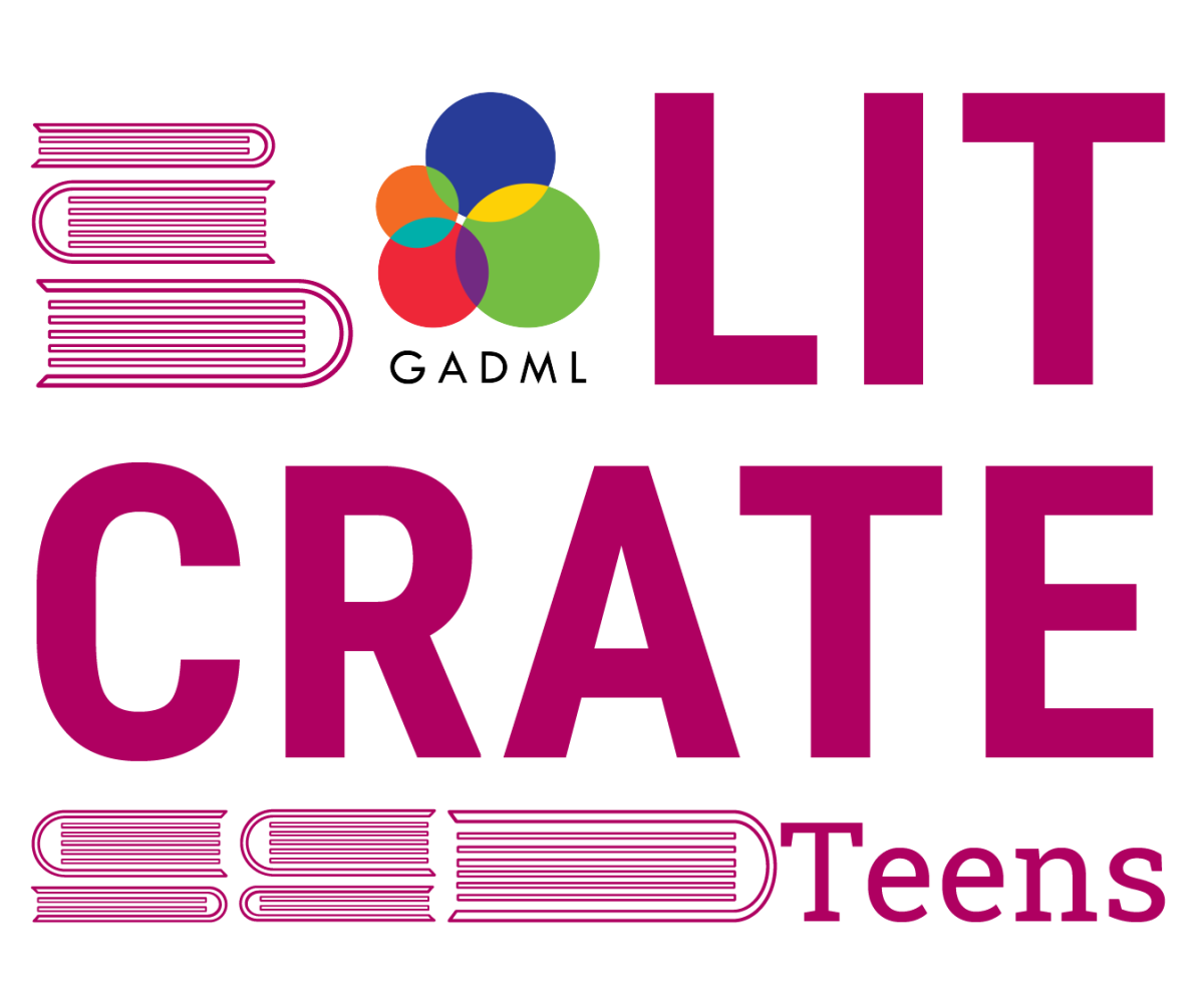 Teen Lit Crates logo consisting of GADML logo and the words "Lit Crate Teens" in purple with book icons