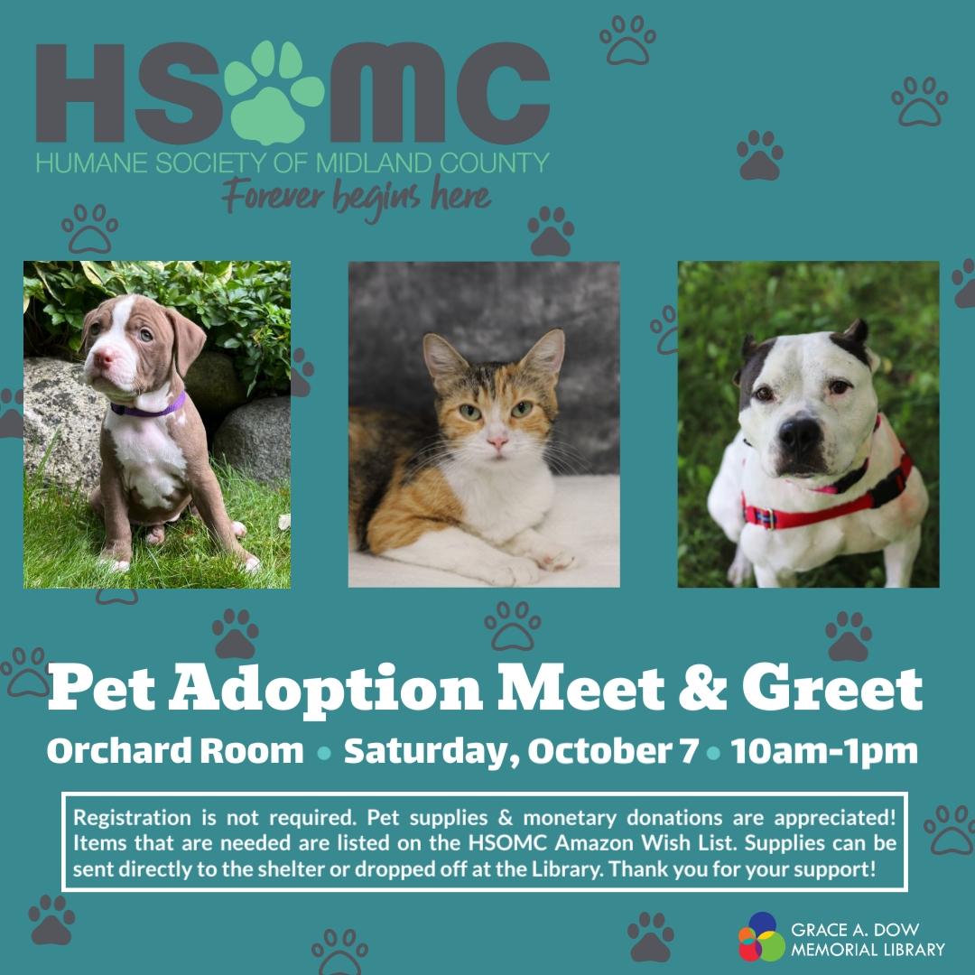 Pet adoption meet and greet with the HSOMC October 7 10am to 1pm