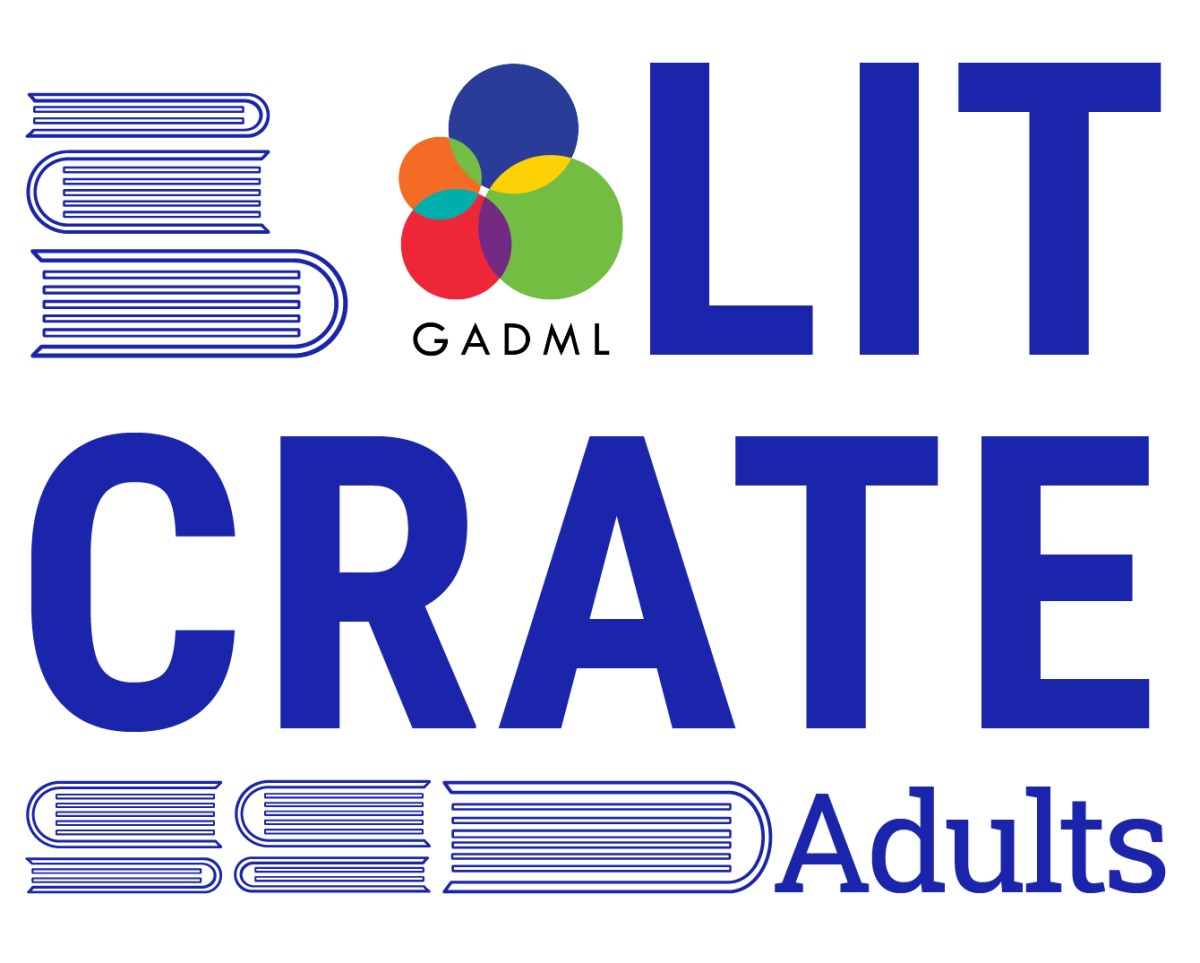 Adult Lit Crates logo with blue text, the GADML logo, and a line art graphic of a stack of books