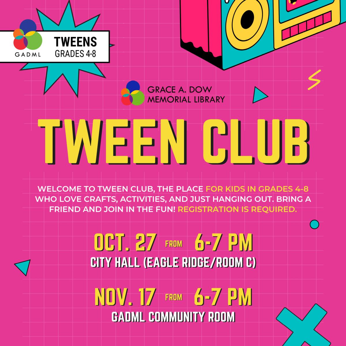 Tween Club in Library's Community Room Nov.17 at 6pm
